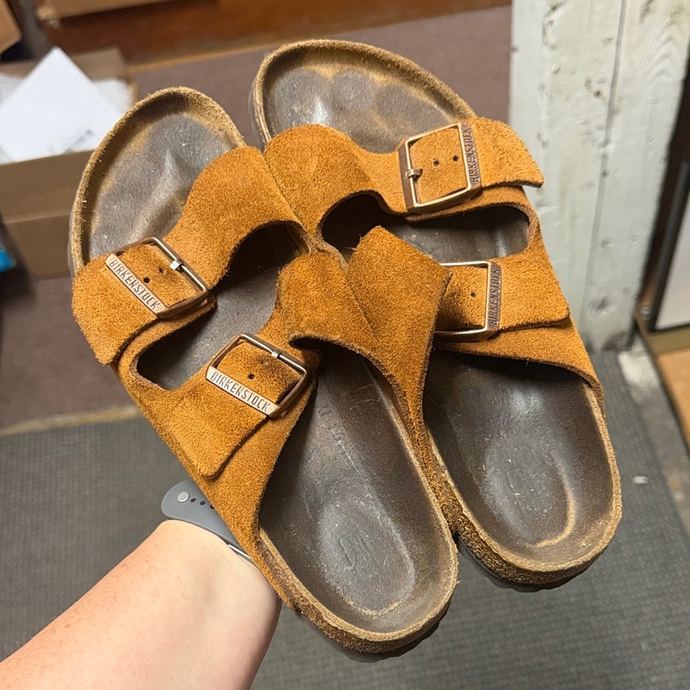 Birkenstock Suede Two-Strap Sandals in Cognac